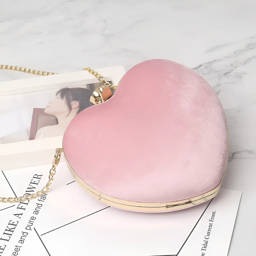 Small heart-shaped plush cotton chain bag with hook closure and card pocket, available in red light grey black and pink