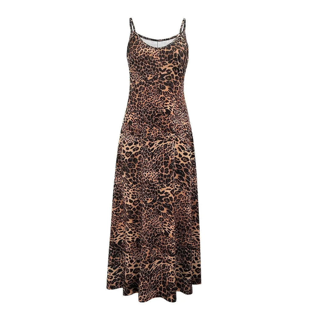 Dark brown leopard print sleeveless dress with round neck and hip skirt design