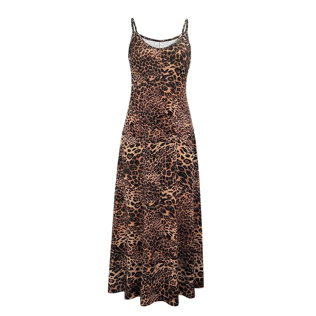 Dark brown leopard print sleeveless dress with round neck and hip skirt design