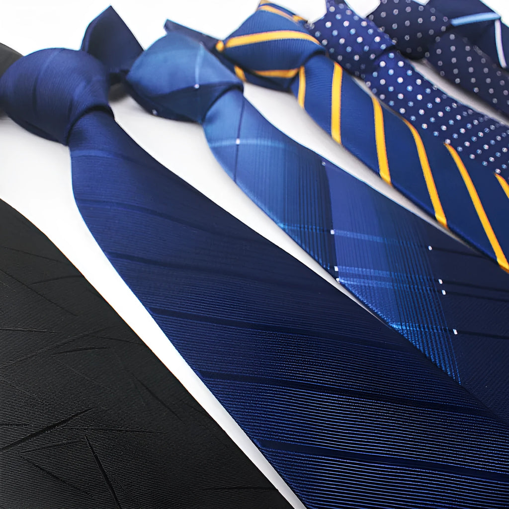 8cm wide red and blue striped polyester jacquard men's business tie on a white background.