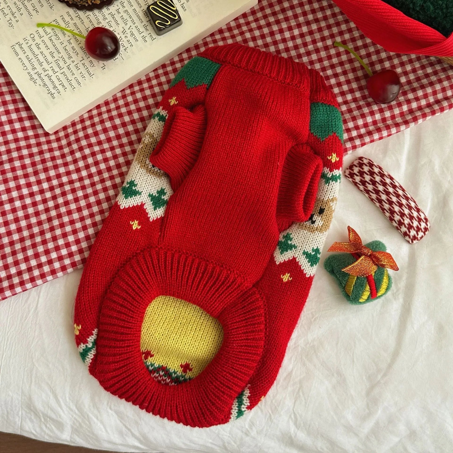 Christmas red cherry polyester pet sweater for small dogs and cats