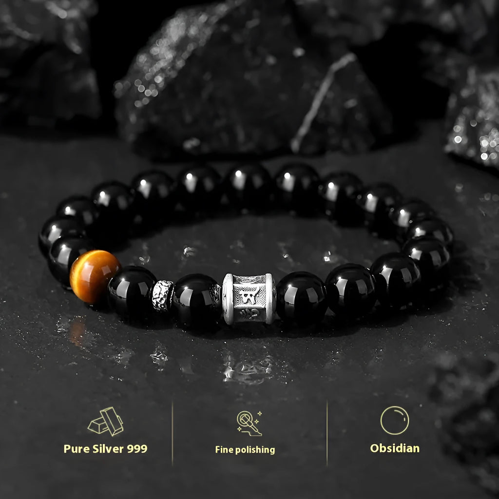 Obsidian six-word mantra bracelet for men, hand-woven 10mm beads, prayer wheel design, black colour