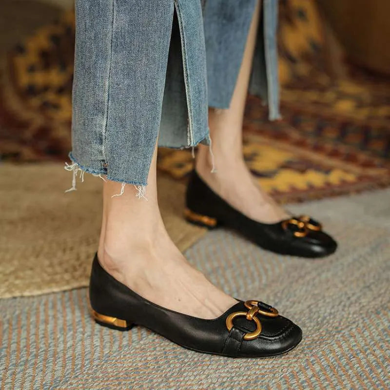 Women's Wanwan Lei style low heel pumps with square toe and metal buckle in apricot colour