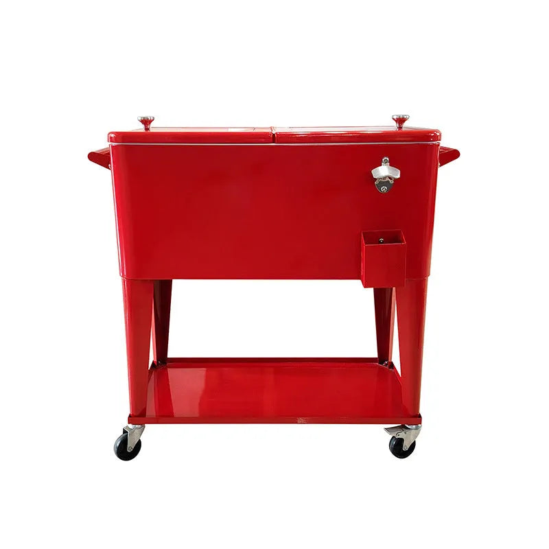 Red outdoor metal insulated trolley cart with handle, shown as a picnic cooler and ice bucket.