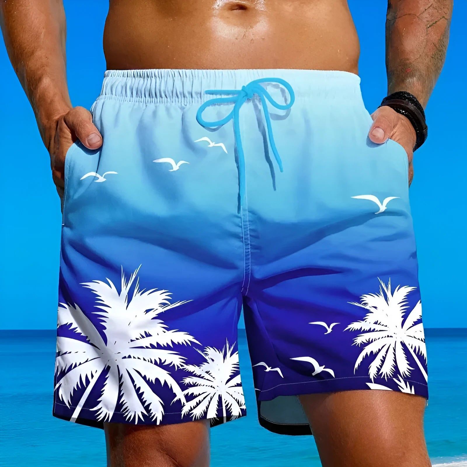 Men's ethnic style loose board swimming trunks in polyester fabric showing medium elastic fit
