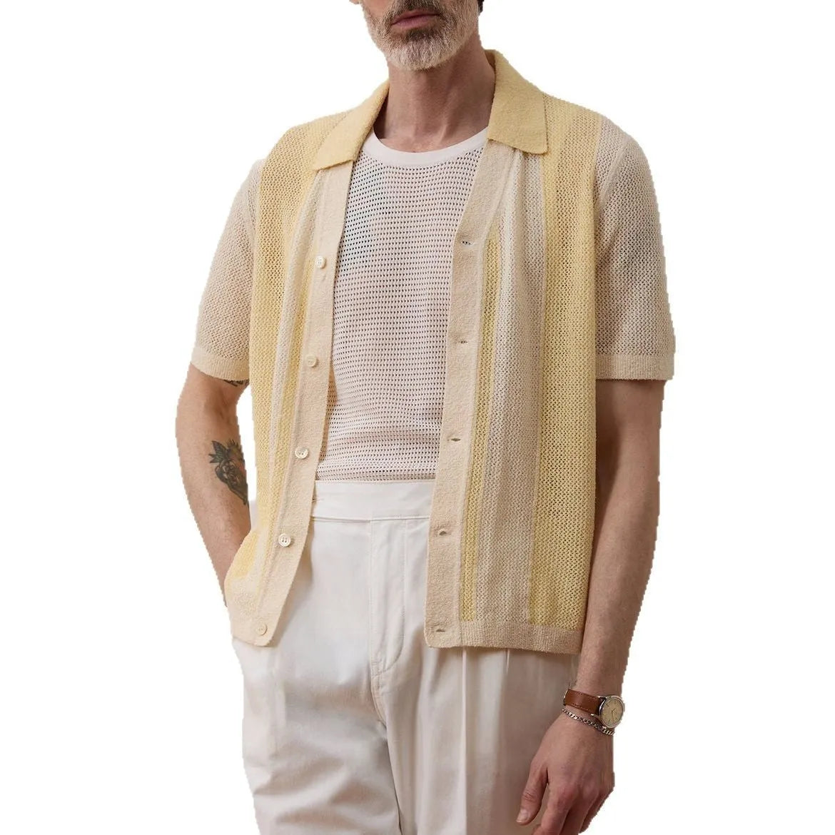 Yellow women's short-sleeved polo shirt with hollow-out asymmetric detail on a hanger.