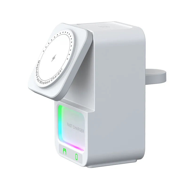 White Bluetooth speaker with wireless charging station showing magnetic attachment area for smartphones