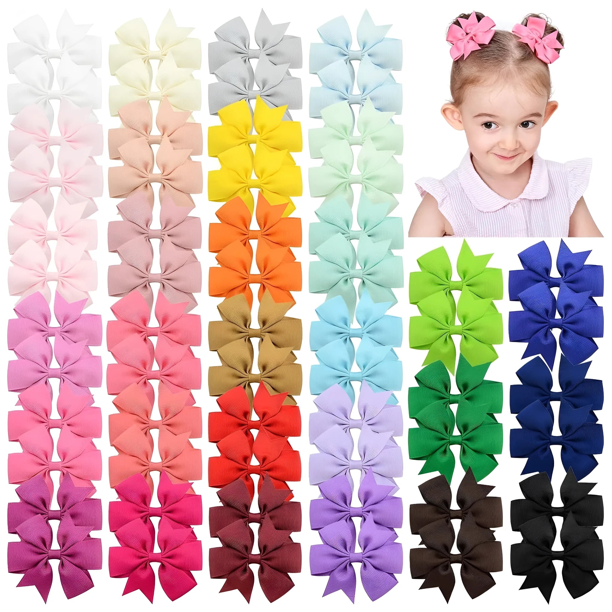 Set of 20 handmade grosgrain ribbon hair bows with alligator clips in assorted colours, each 3 inches long, on a white background