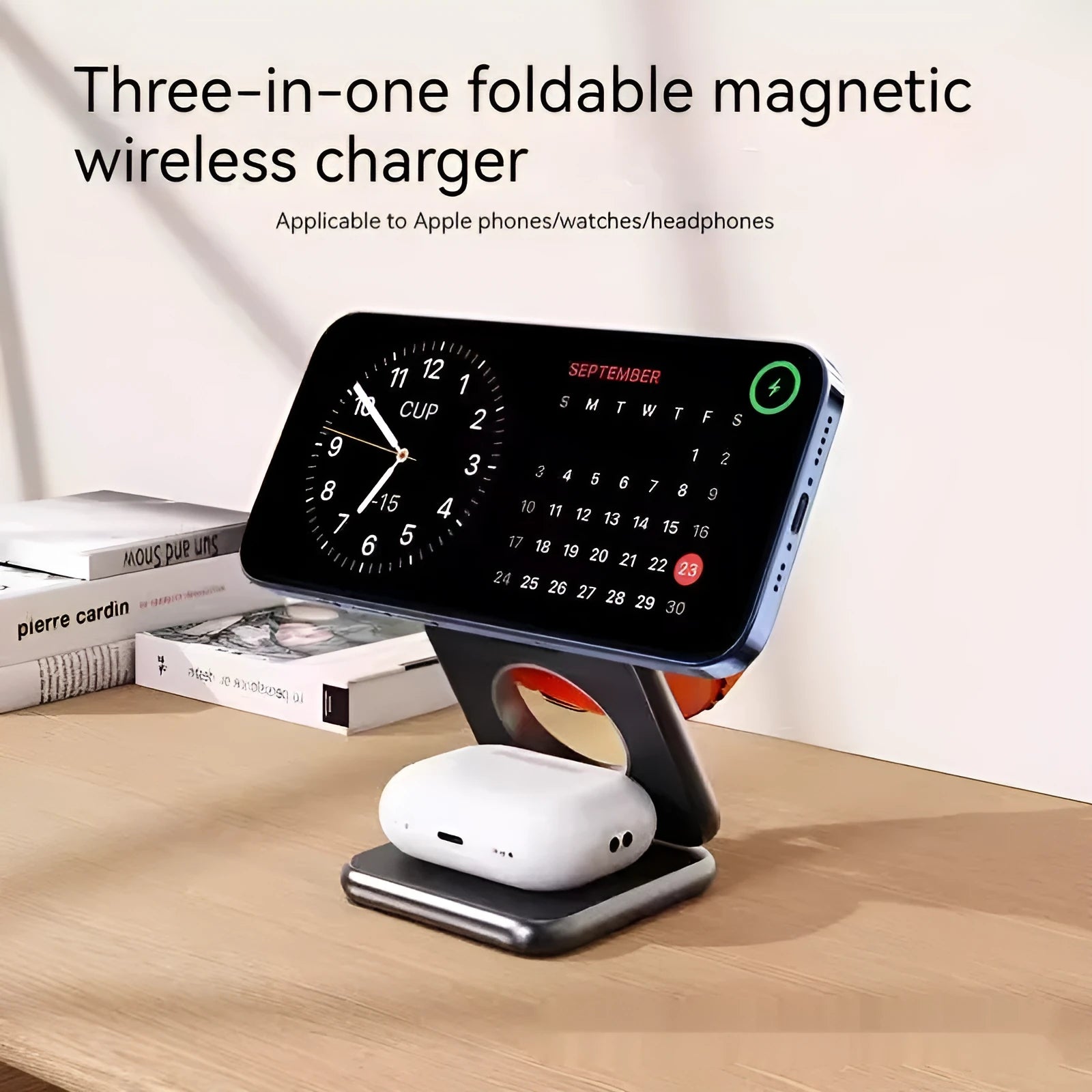 Foldable magnetic wireless charger phone holder in black with QC3.0 fast charging 15W output