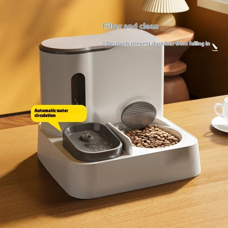 Grey automatic cat feeder with integrated water dispenser and stainless steel bowls