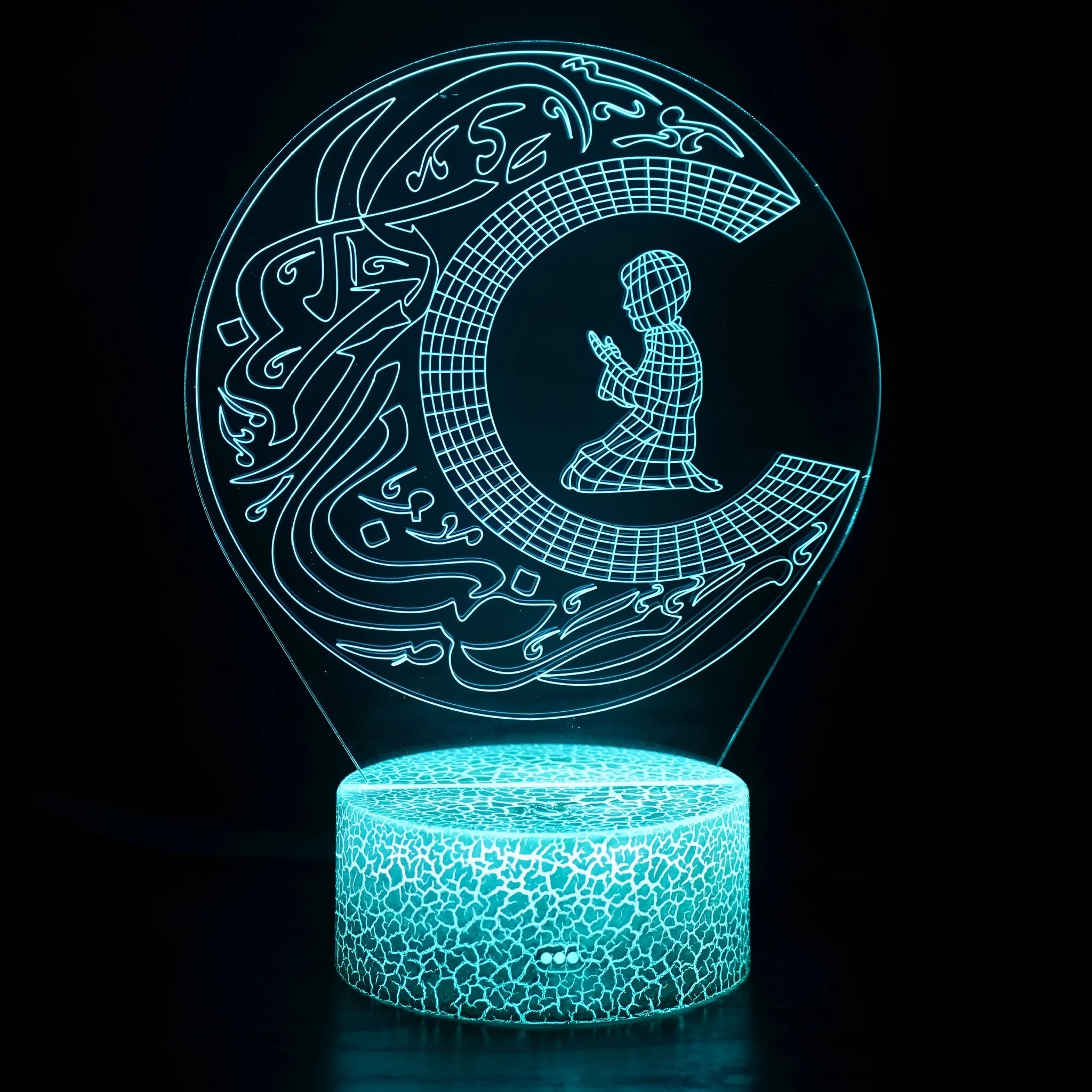 3D small night lamp with colourful LED lighting, touch and remote control, and USB power supply on a bedside table