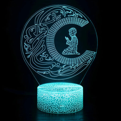 3D small night lamp with colourful LED lighting, touch and remote control, and USB power supply on a bedside table