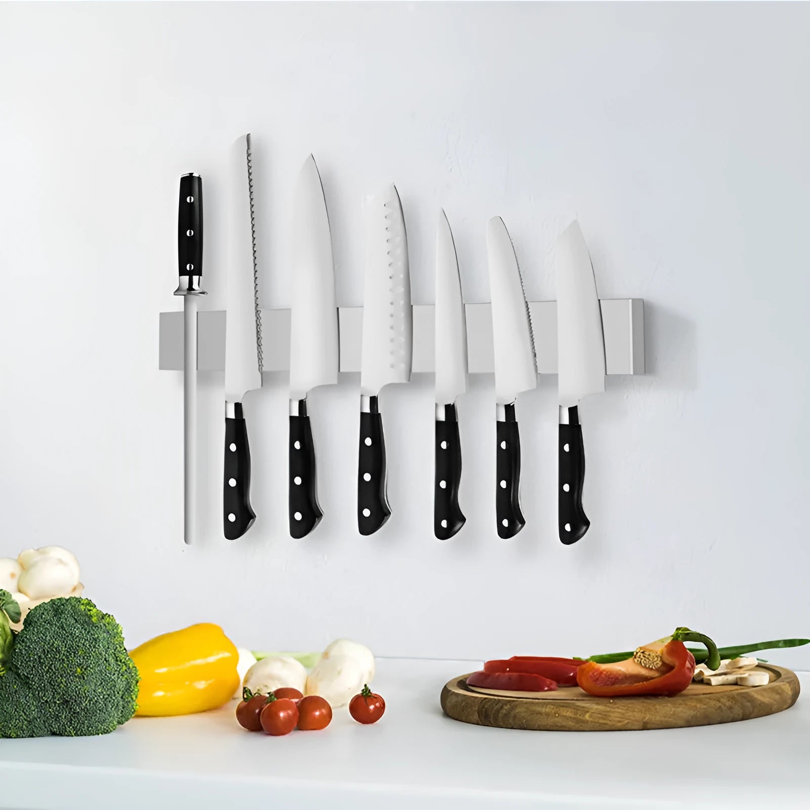 Stainless steel wallmounted knife storage rack with multiple length options for kitchen organisation