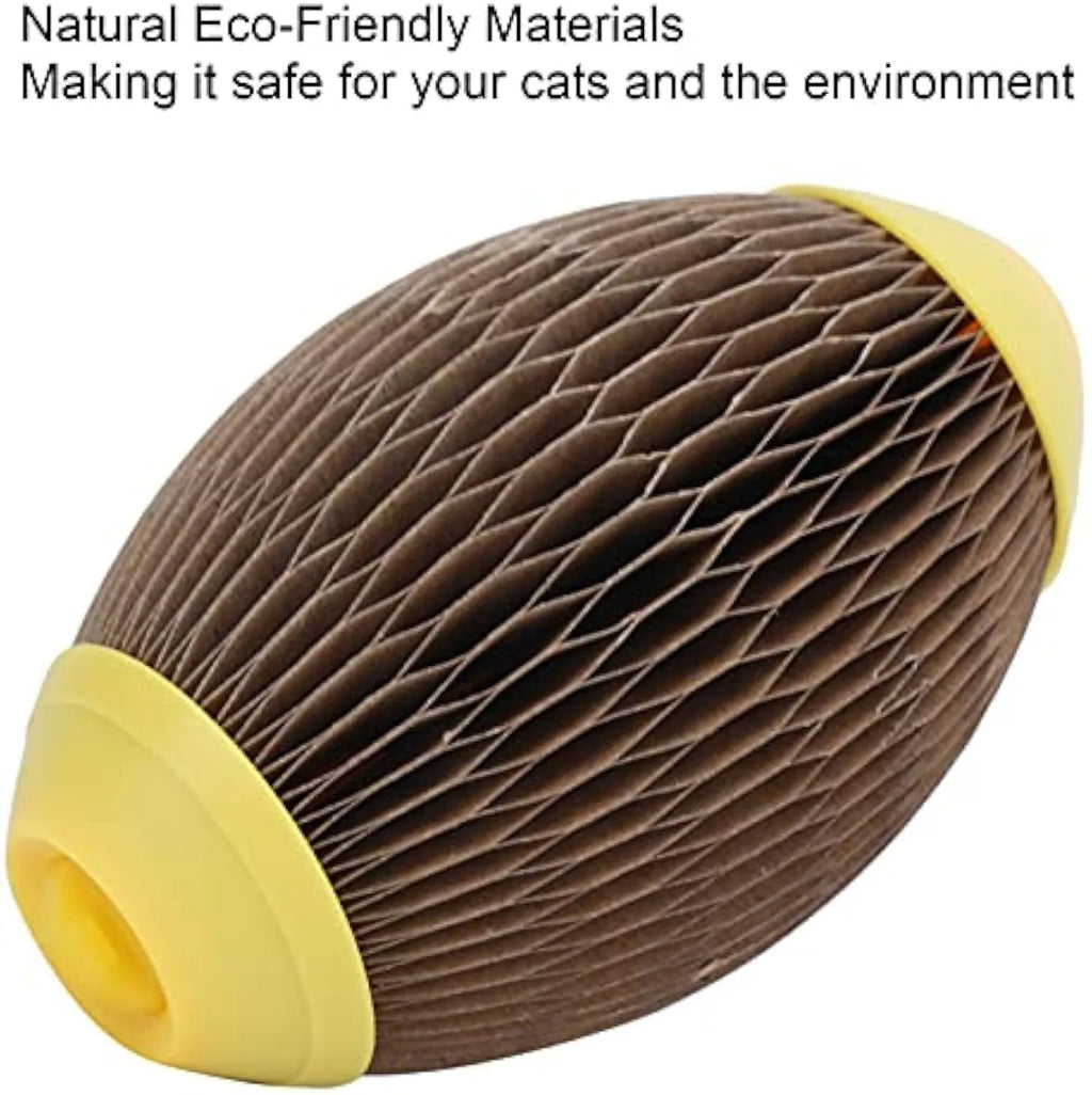 Ellipse-shaped corrugated paper catnip football toy for scratching and play.
