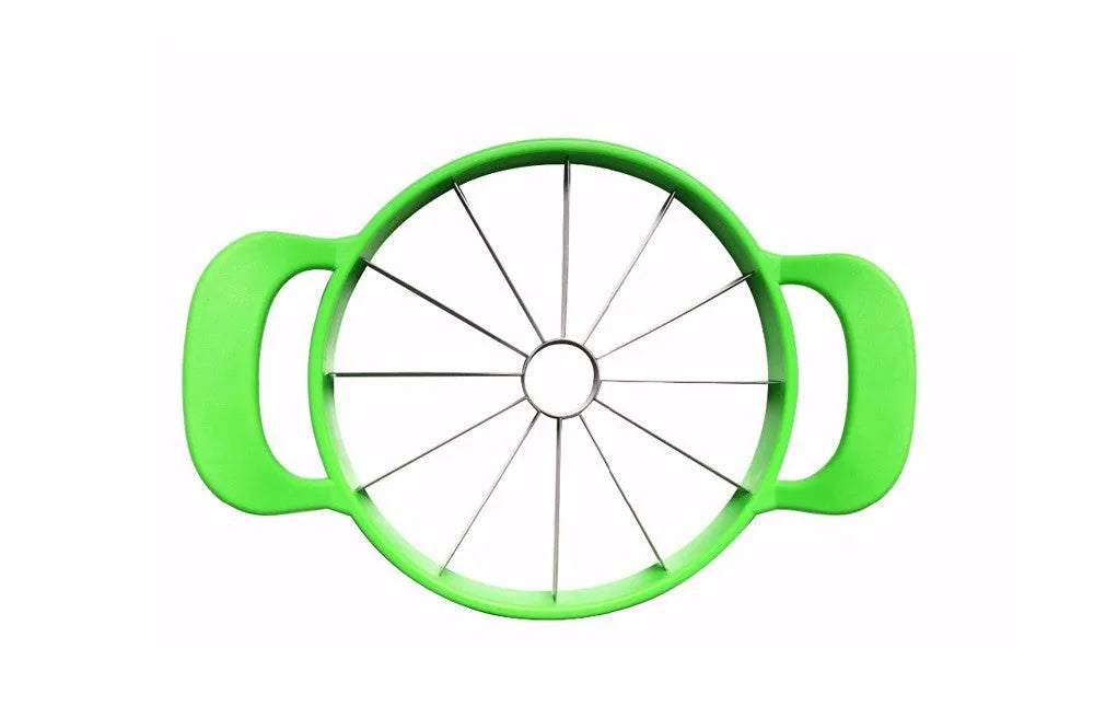 Green multi-function fruit slicer with stainless steel blade for cutting watermelon into 12 slices, 29cm diameter