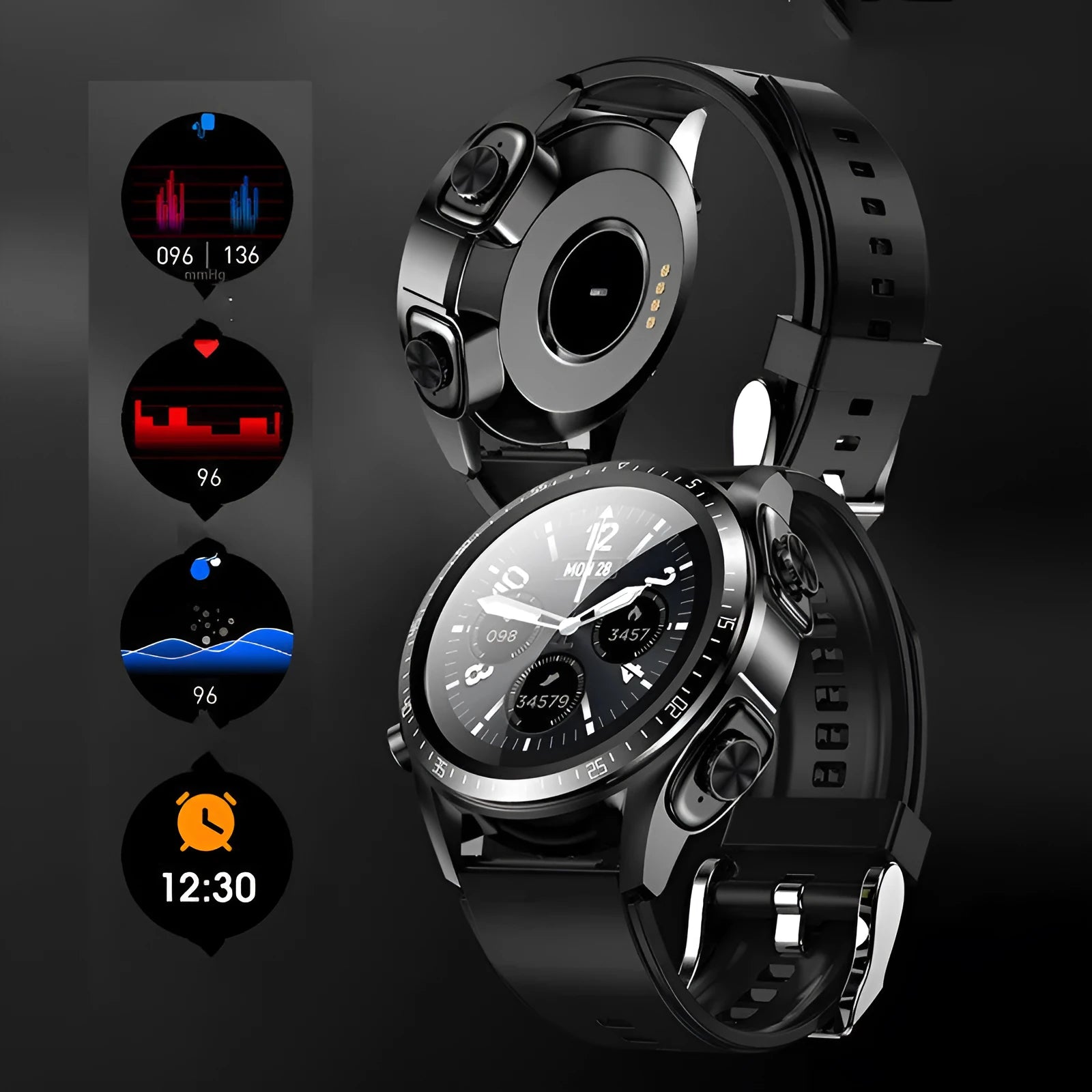 Black smart watch with blood pressure monitoring on silicone strap showing 1.28-inch screen
