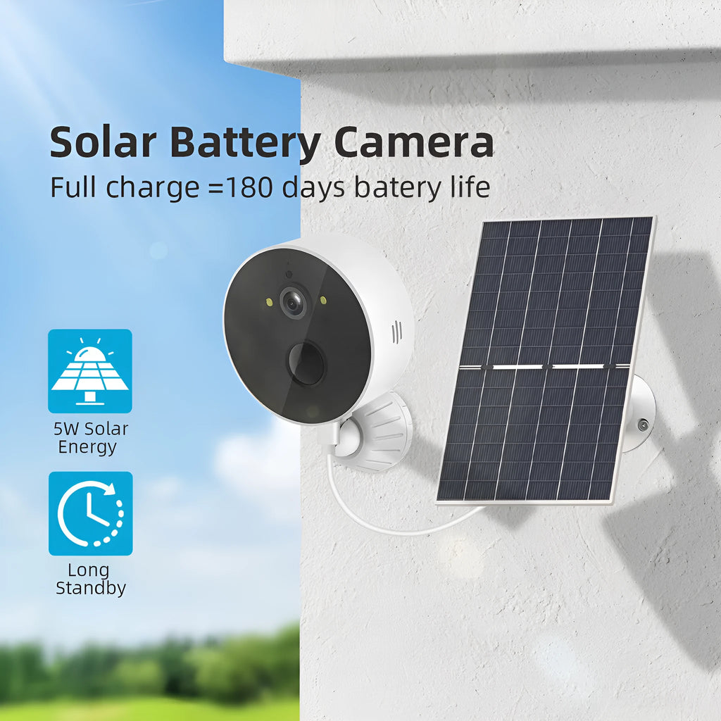 Solar powered outdoor security camera with solar panel for garden and property monitoring