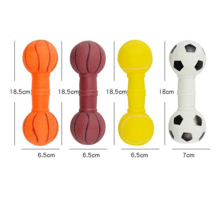 Football dumbbell shaped PVC dog chew toy with squeaker in brown, orange, white or yellow colours