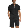 Men's solid colour polo shirt suit set with short sleeves and matching trousers in beaded bird's eye fabric