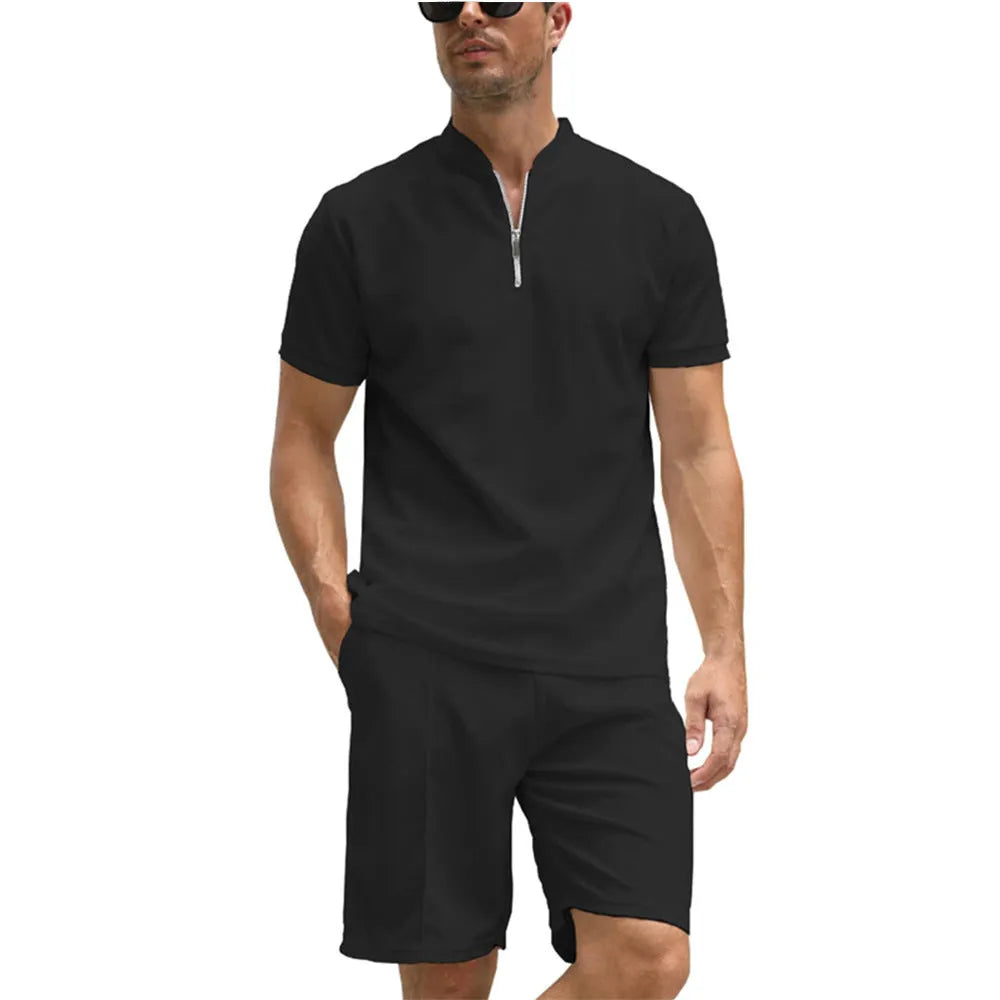 Men's solid colour polo shirt suit set with short sleeves and matching trousers in beaded bird's eye fabric