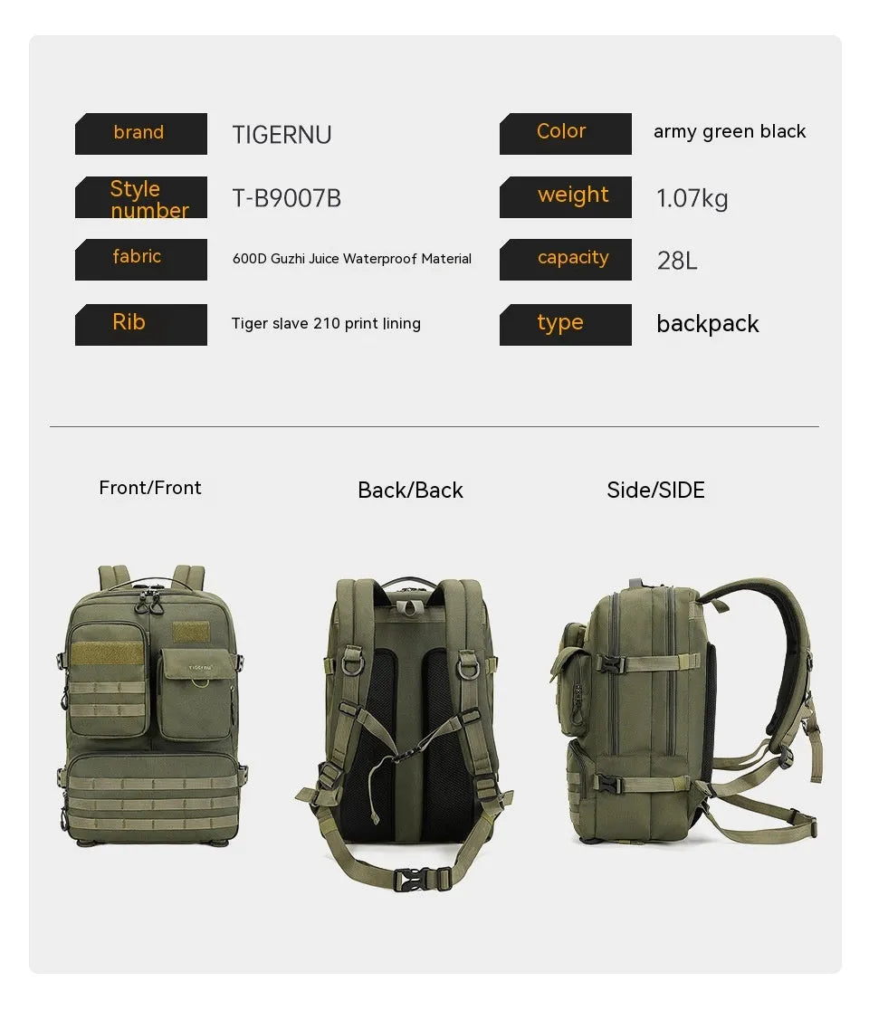 Army green waterproof tactical backpack with 17-inch size and 20-35 litre capacity