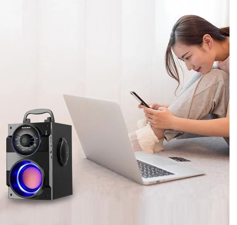 Black portable mini home audio system with subwoofer, 1.2m cable, and 3.5mm audio interface