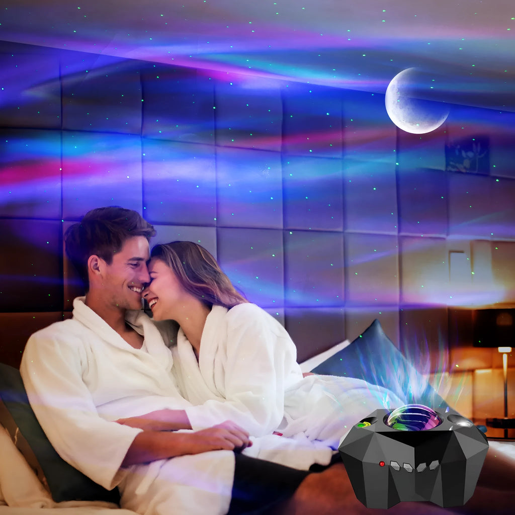 USB Bluetooth music star projector lamp with remote control, showing water pattern and green laser projection in a dark room