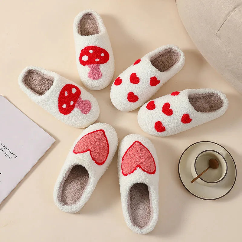 Plush home slippers with non-slip PVC sole in big love colour design for adult female sizes