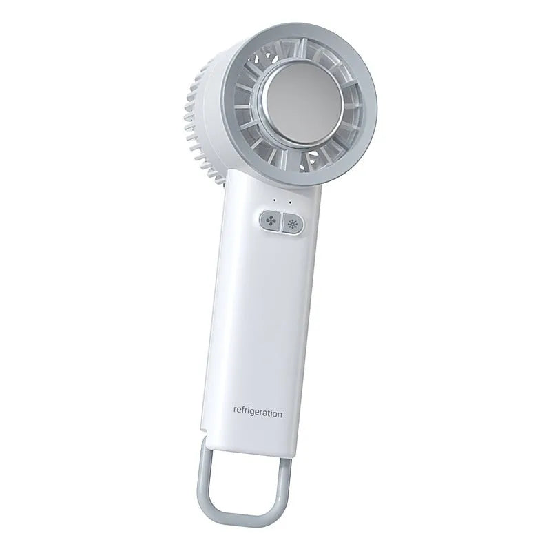 White handheld turbo jet fan with 18°C ice cooling and 6m/s airflow