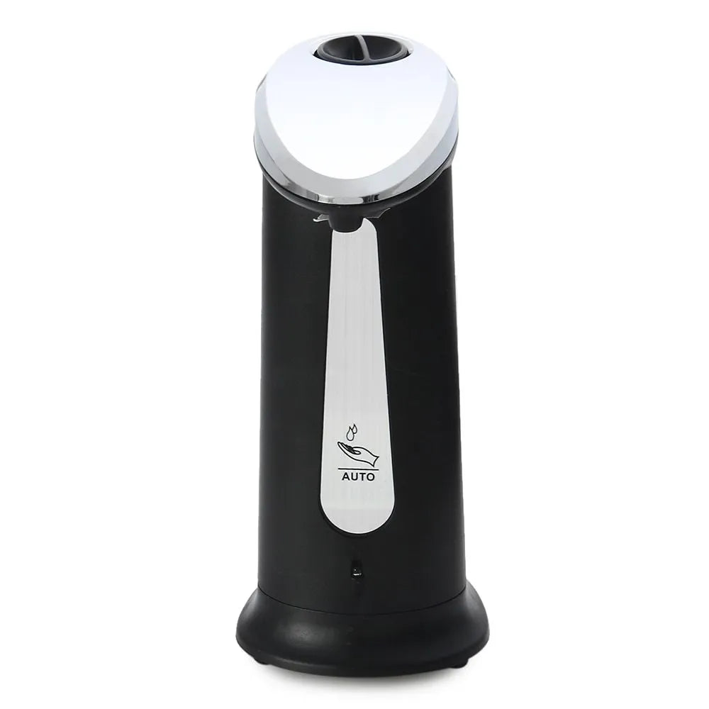 Automatic touchless soap dispenser with black plastic body and sensor nozzle on a countertop