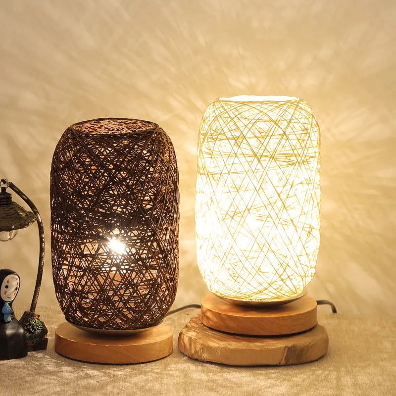 Sepak Takraw ball desk lamp with hemp rope construction on solid wood base