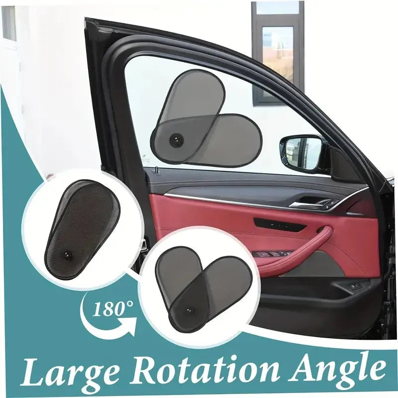 Black adjustable car side window shades with suction cups stretched over car window