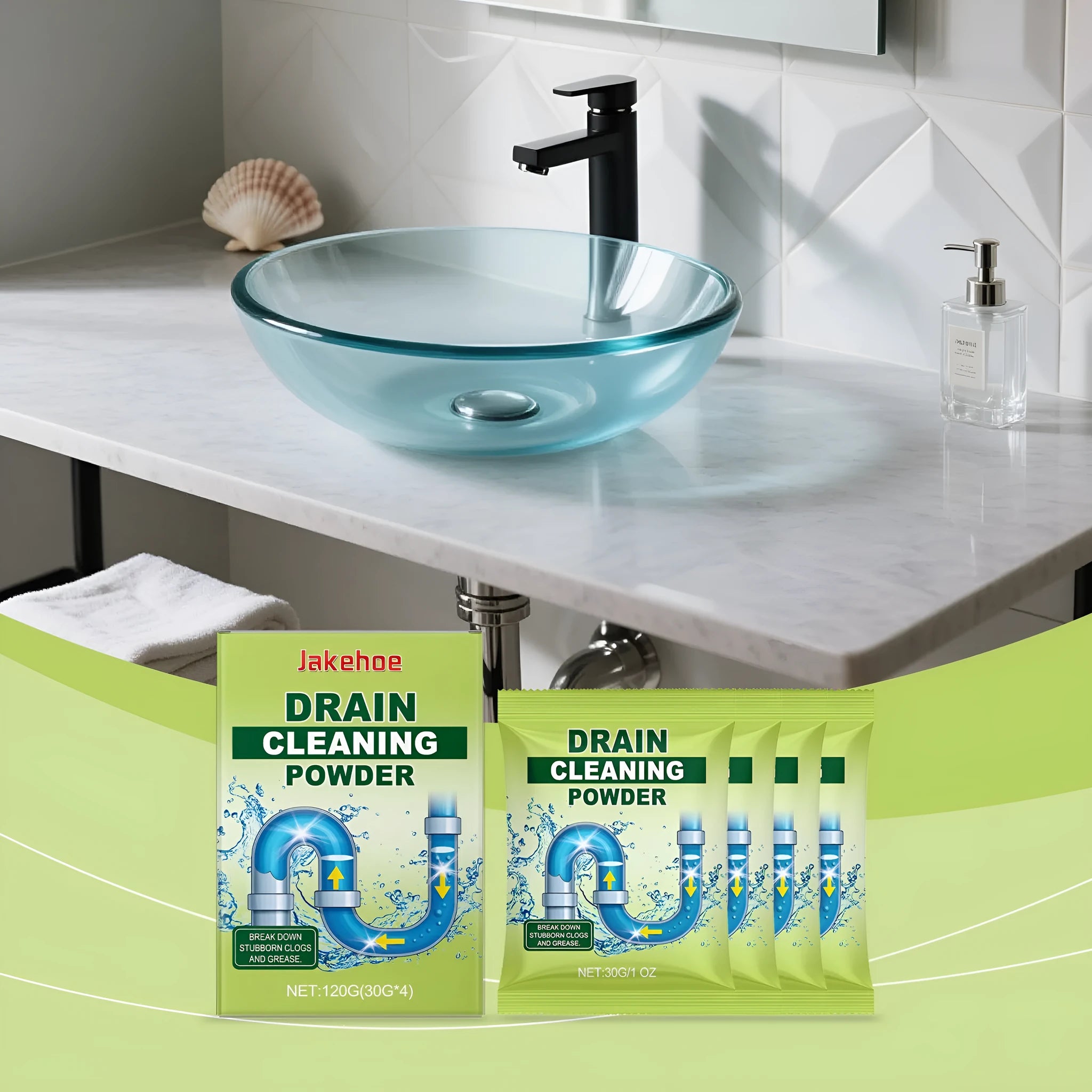 120g bottle of drain cleaning powder for sinks and showers.