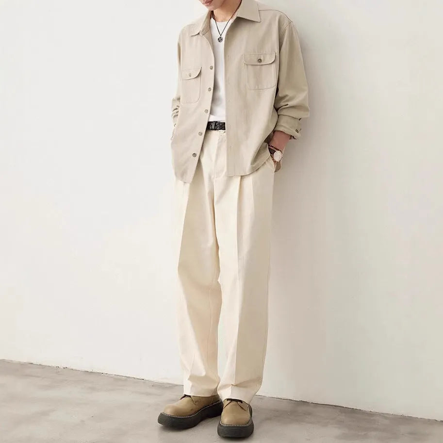 Men's cotton blend lapel shirt in light sand rice colour showing simple collar design and long sleeves