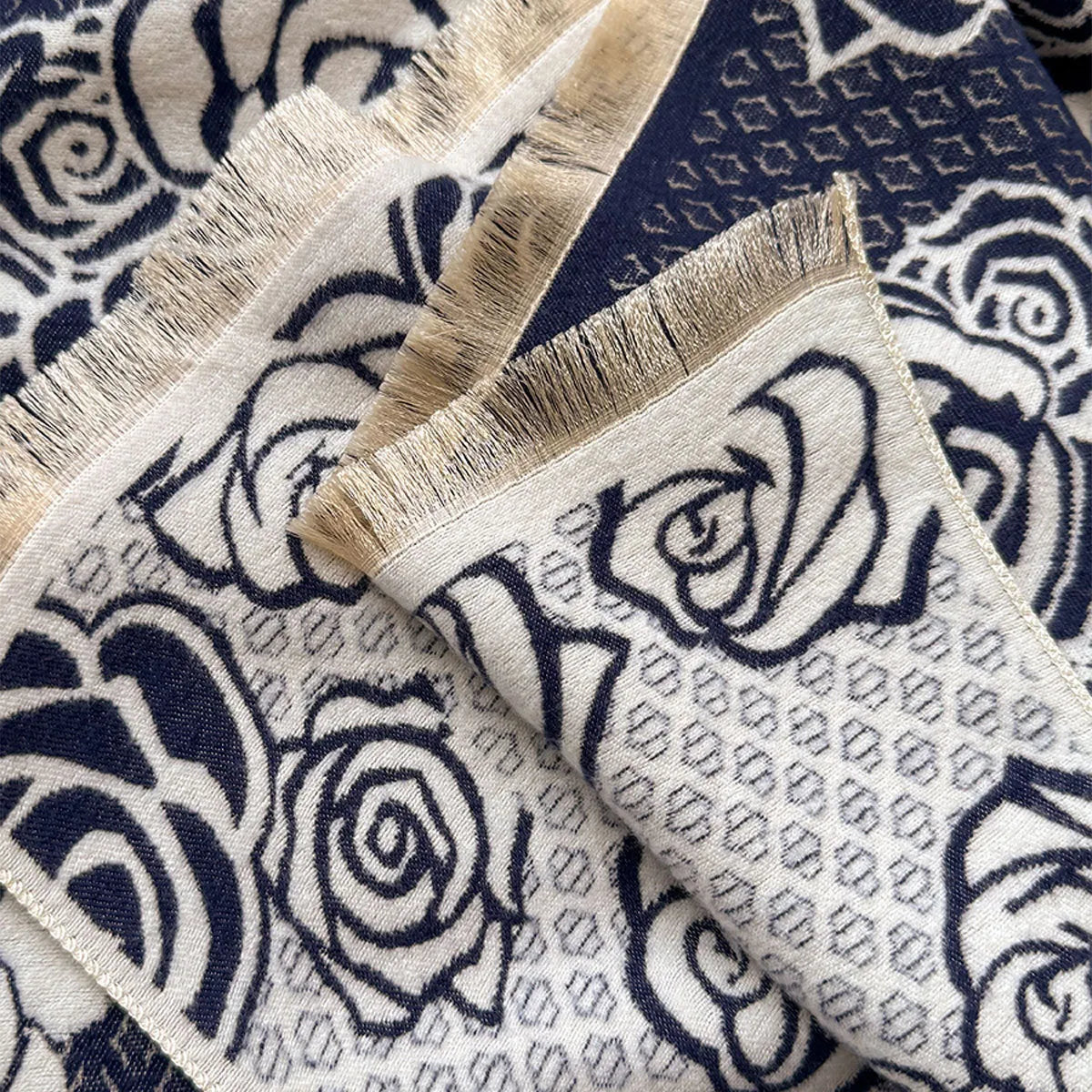 Thick imitation cashmere scarf with tassel trim, 185x65cm, in grey, black, blue, and khaki colours