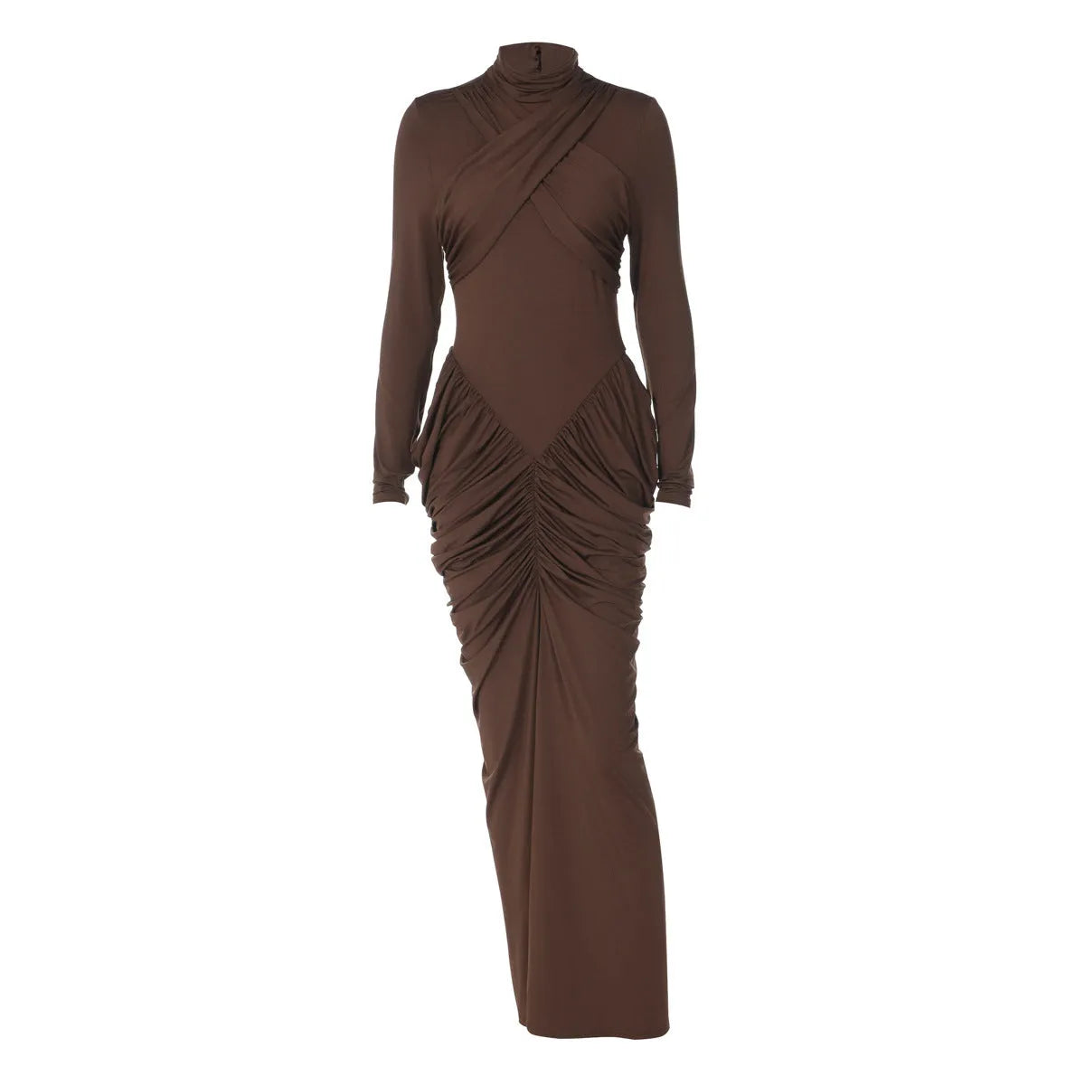 Women's solid colour high neck long sleeve ruffle back bodycon dress in brown pencil skirt style