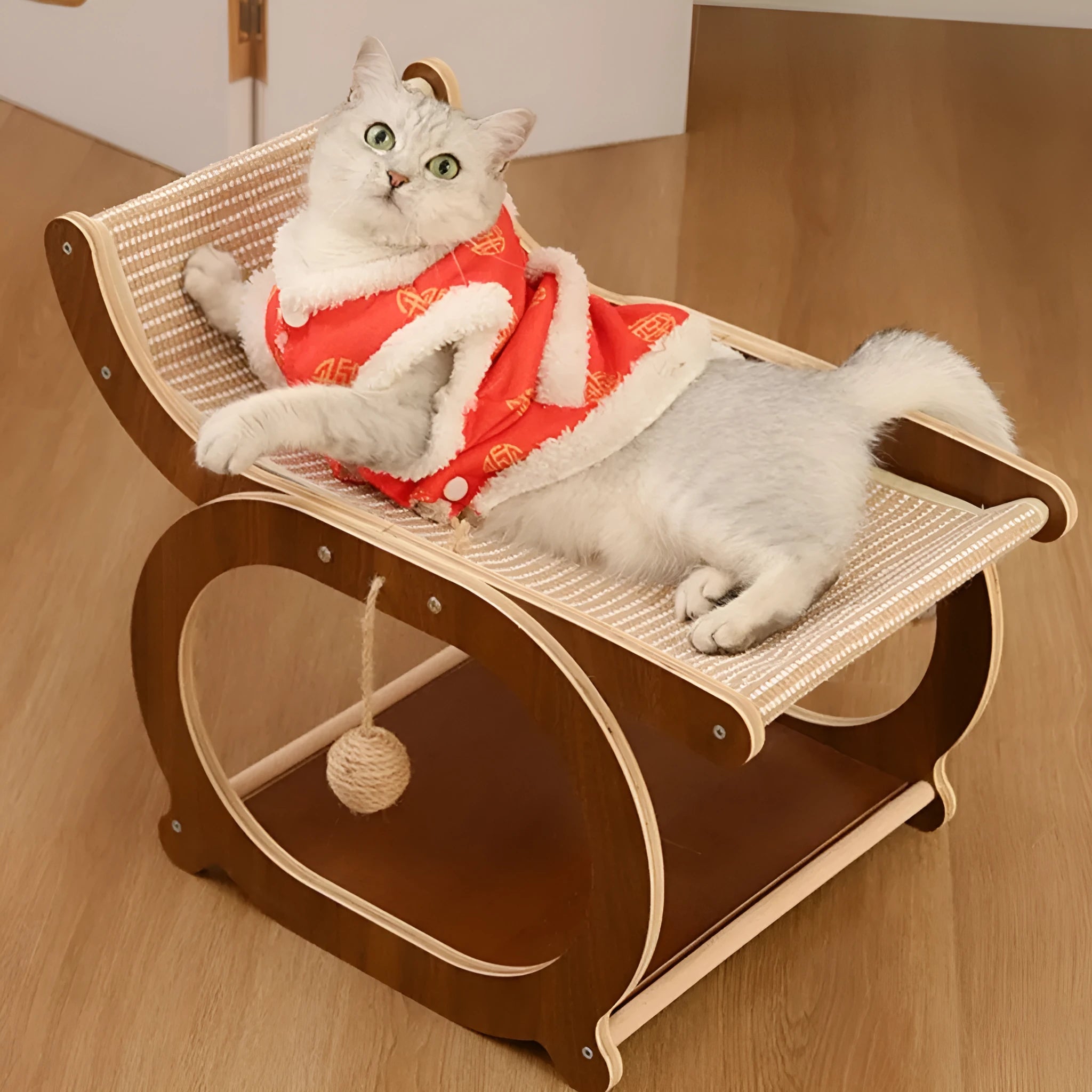 Solid wood sisal cat scratcher bed in recliner design with walnut or wood colour finish