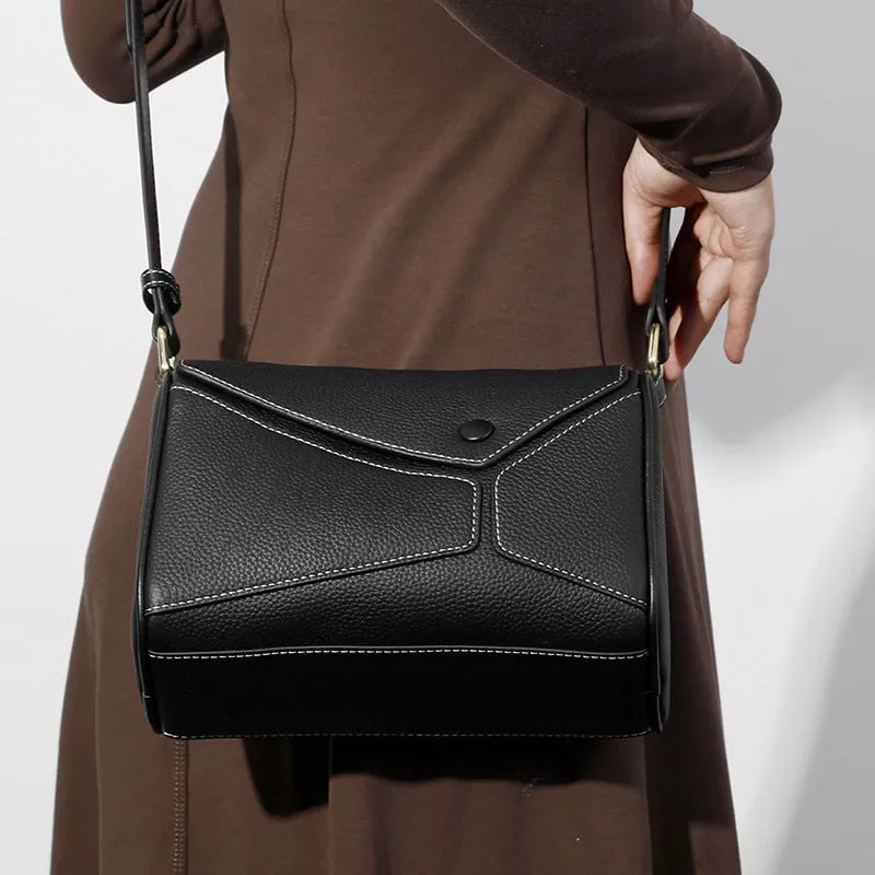 Genuine leather women's crossbody bag in brown, first layer cowhide, soft square shape with zipper changing bag