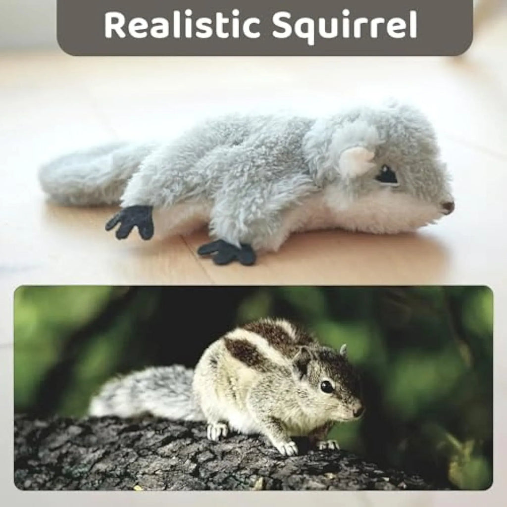 Grey flapping squirrel cat toy with motion sensor, USB charging port, and realistic sound features