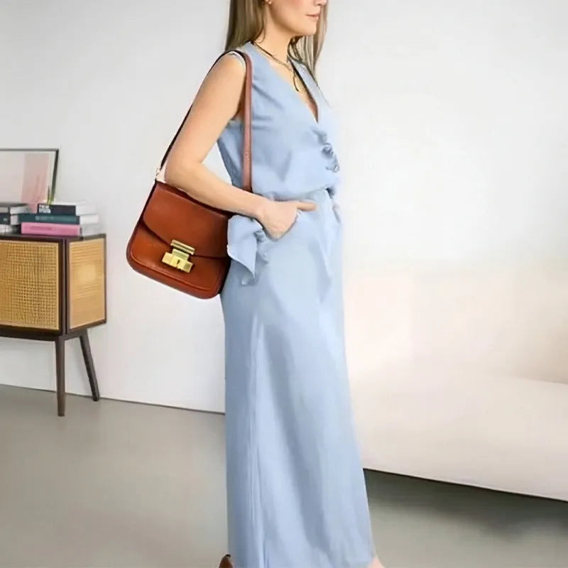 Women's loose-fit sleeveless vest and long skirt two-piece casual suit in blue