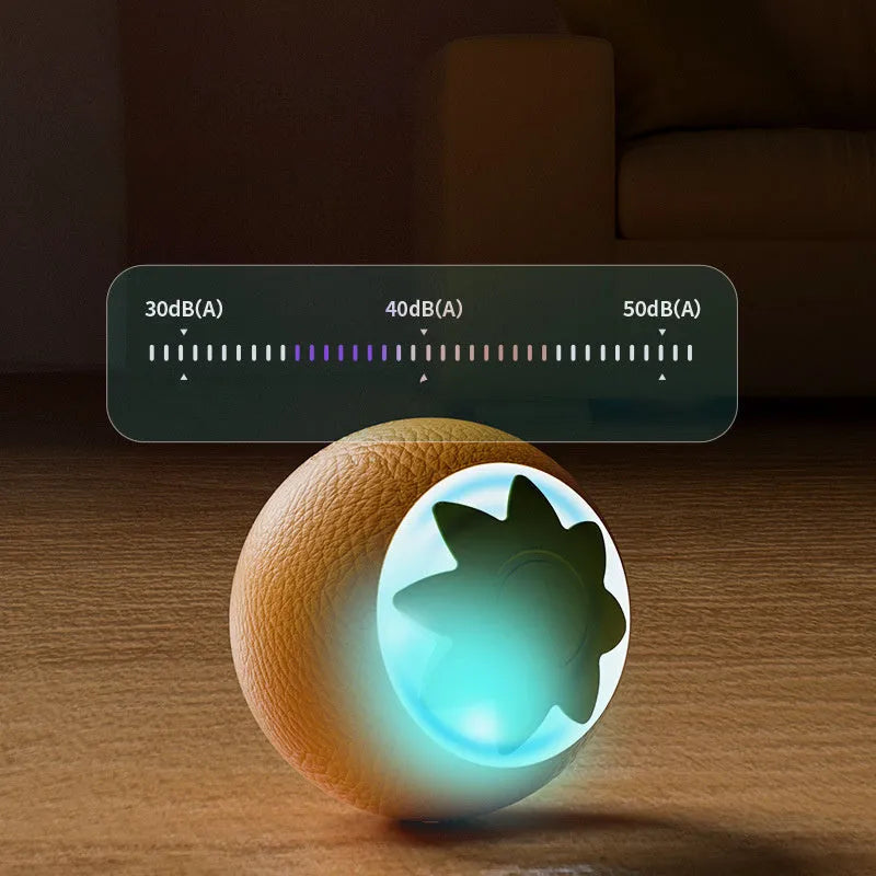 Electric rolling ball toy for dogs and cats in green, pink, and yellow on a light background