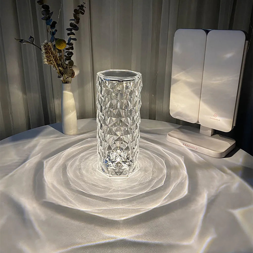 Crystal desk lamp with remote control and touch dimming, acrylic shade, 90x215 mm, USB powered, white colour option on table