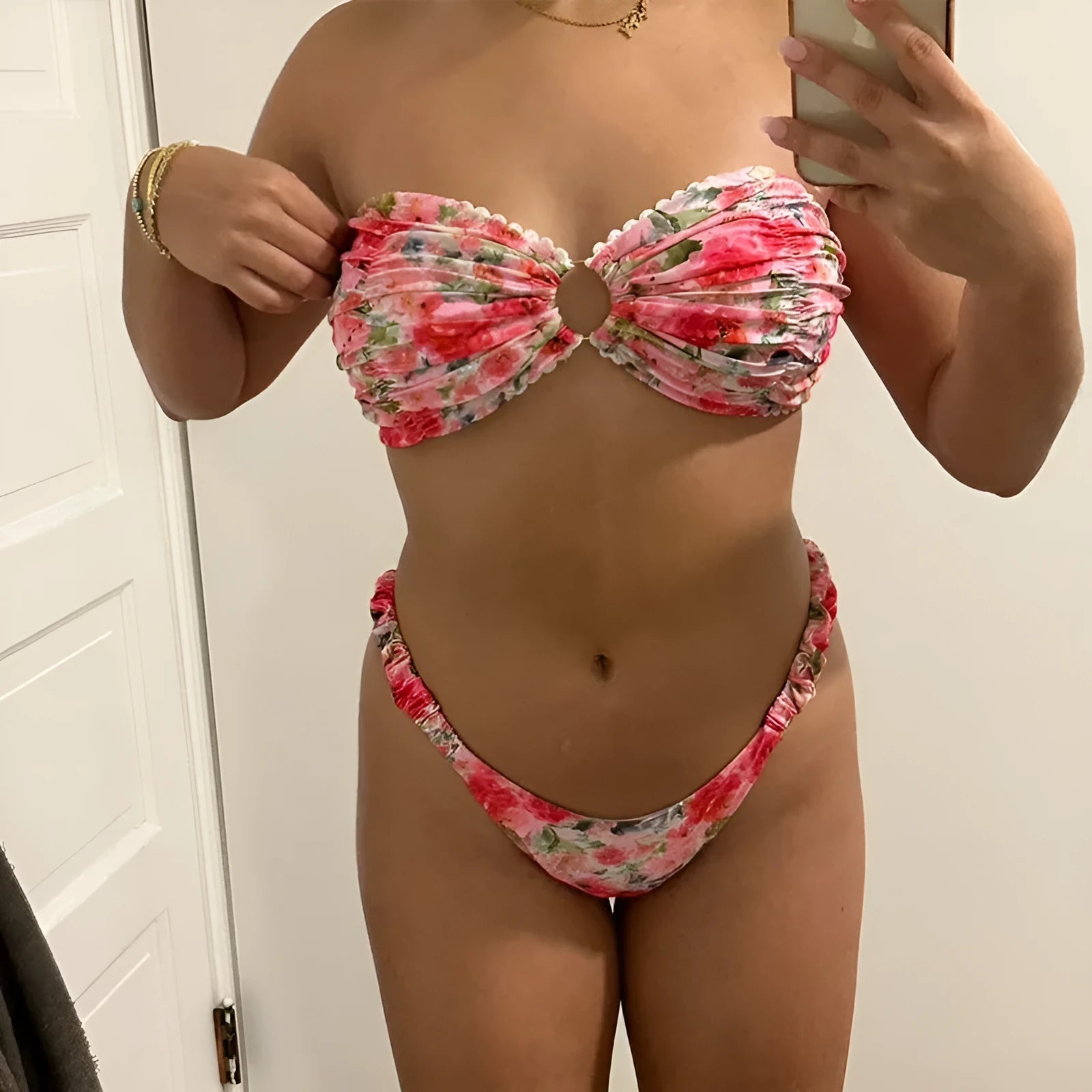 Women's floral lace trim bikini set with sleeveless tube top and matching briefs in backless design