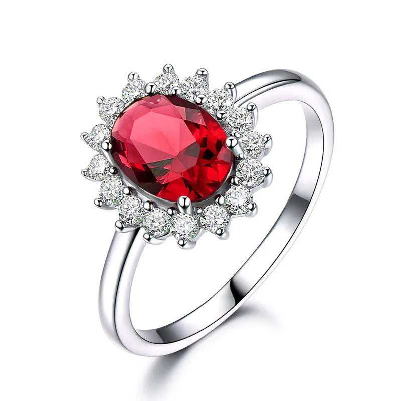Blue moissanite flower-shaped copper ring for women on a ring size chart showing sizes 6 to 10.