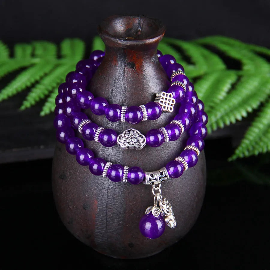 Natural purple chalcedony crystal bracelet with three circles of beads, women's ethnic style jewellery