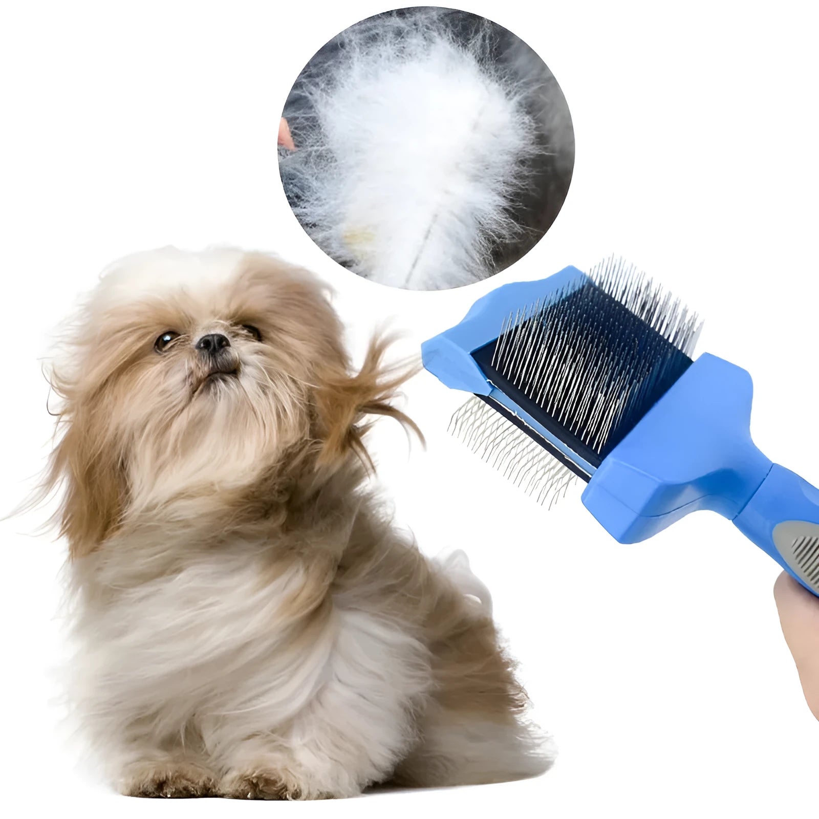 Blue double-sided pet brush with stainless steel pins and ergonomic grip on a white background