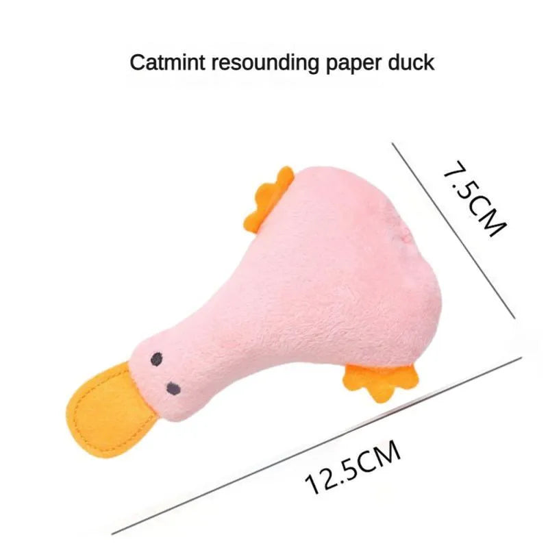 Colourful duck-shaped plush pet toy with catnip filling and internal squeaker for dogs and cats