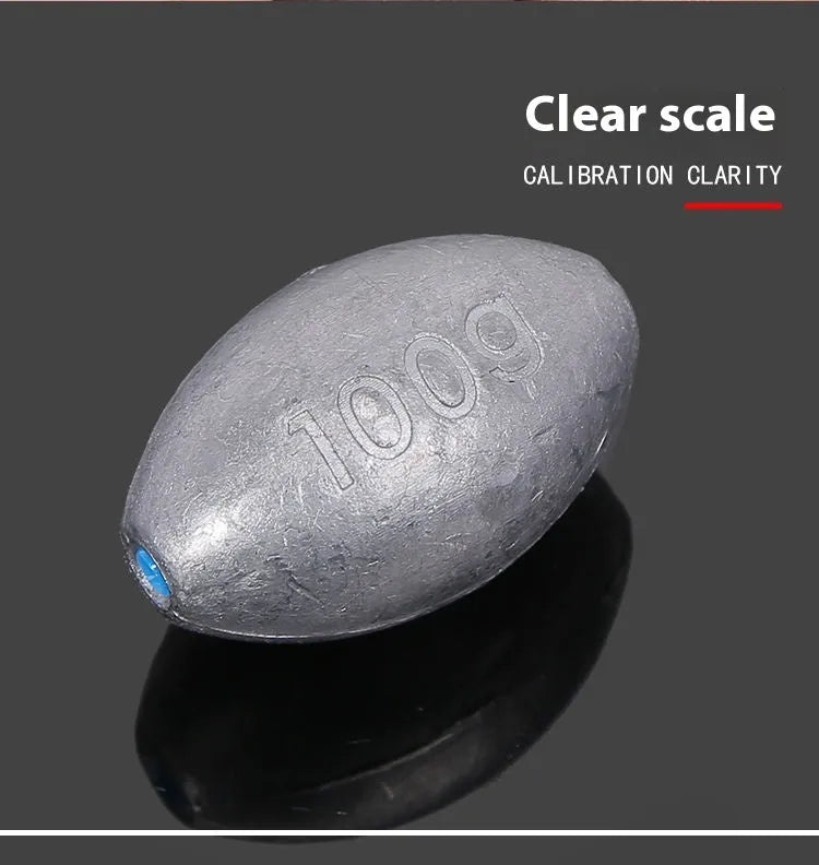 Tongxin scale pattern olive lead fishing sinker in rugby shape, showing weight options from 10g to 150g.