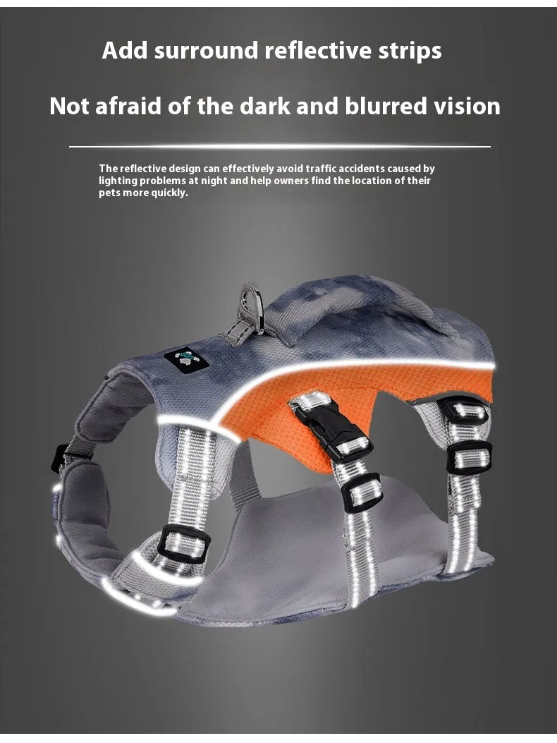Reflective pet cooling chest strap harness in light blue, pink, dark blue, or orange.