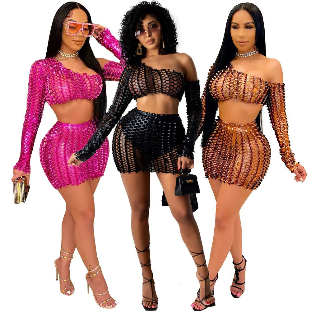 Women's hollow-out net two-piece dress set with sleeveless top and short skirt